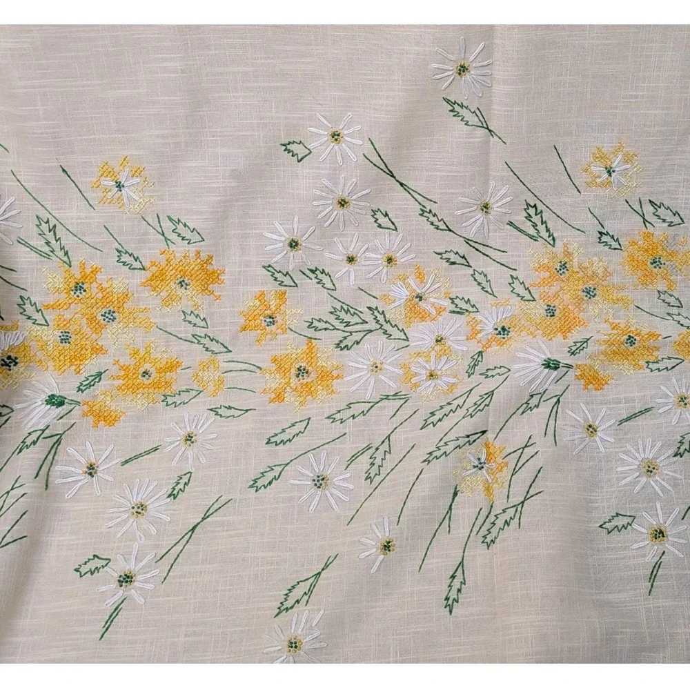 Vintage Hand Embroidered Floral Tablecloth Yellow White Daisy Cross Stitch 58x84
